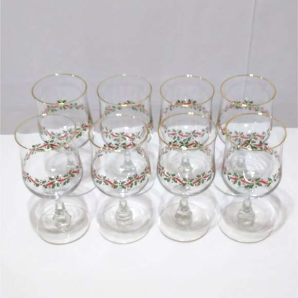 Libbey Holiday Christmas Wine Glasses w/ Gold Trim Holly Berry Design Set of 8 - Picture 4 of 15